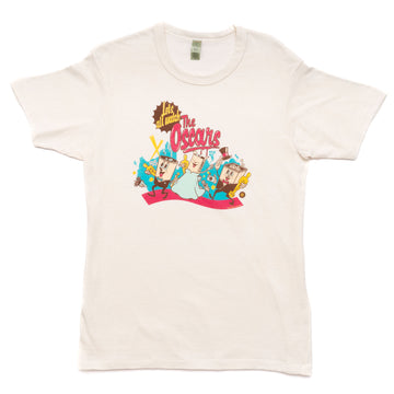 White t-shirt with colorful graphic design on a white background